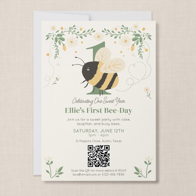 Invitación Código QR para la fiesta del primer cumpleaños de  (Wildflower Flight - First Bee Day Invitation with QR Code)