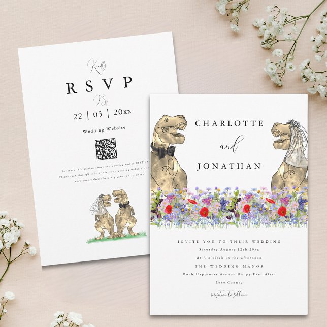 Invitación Código QR para los Bodas de dinosaurios Boho Wildf (Boho wildflower dinosaur wedding invitation with watercolor summer florals and qr code)