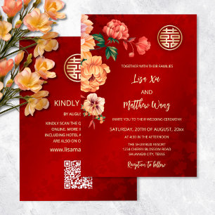 Invitación Código QR Peony Chinese Boda