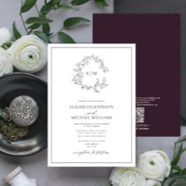 Invitación Código QR Plum Escudo Morado Leafy Monograma Boda