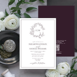 Invitación Código QR Plum Escudo Morado Leafy Monograma Boda