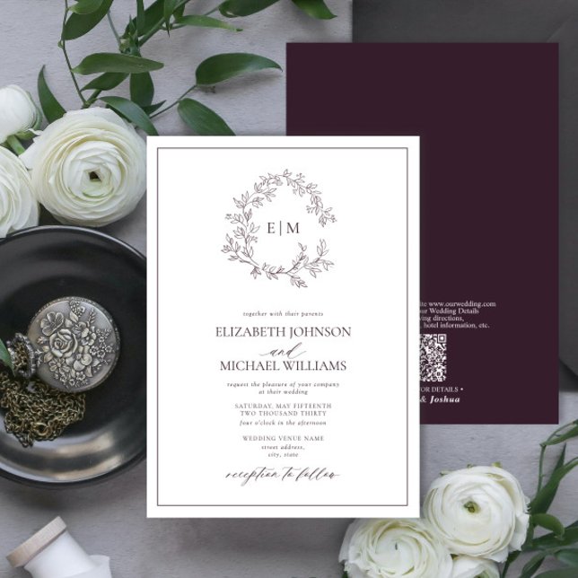 Invitación Código QR Plum Escudo Morado Leafy Monograma Boda (Subido por el creador)