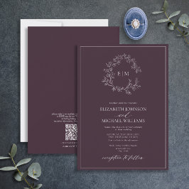 Invitación Código QR Plum Escudo Morado Leafy Monograma Boda
