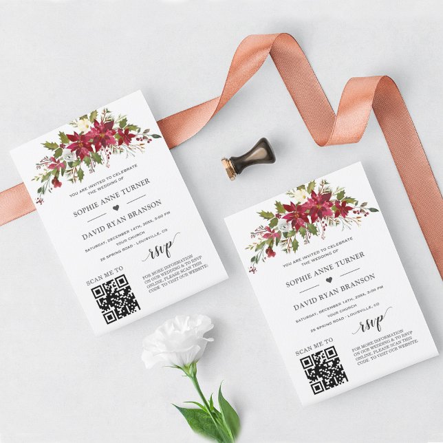 Invitación Código QR Poinsettia Floral Gold Boda (Subido por el creador)