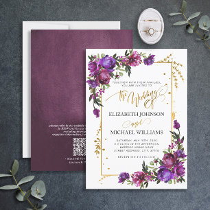 Invitación Código QR Purple Hot Pink Floral Gold Script