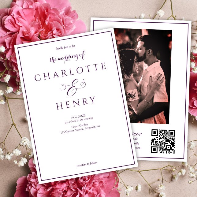 Invitación Código QR púrpura de foto elegante y Boda RSVP (Subido por el creador)