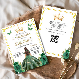 Invitación Código QR Quinceanera Floral Esmeralda Verde Oro