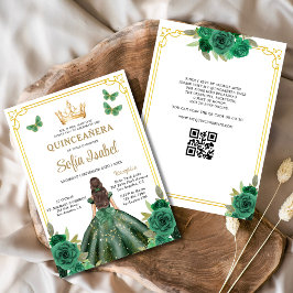 Invitación Código QR Quinceanera Floral Esmeralda Verde Oro