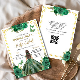 Invitación Código QR Quinceanera Floral Esmeralda Verde Oro