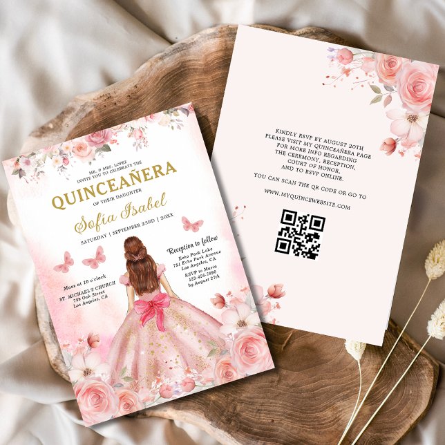 Invitación Código QR Quinceañera Rosa Floral Rosa Claro (Subido por el creador)