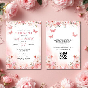 Invitación Código QR Quinceañera Rubor Floral rosa rosa rosa