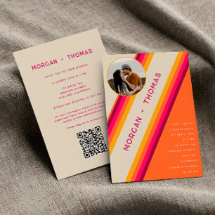Invitación Código QR Retro Rosa Naranja Amarillo Boda 70s 80s