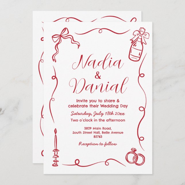 Invitación Código QR rojo caprichoso de mano boda (Anverso / Reverso)