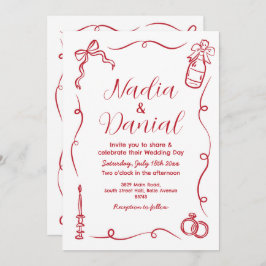 Invitación Código QR rojo caprichoso de mano boda