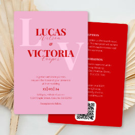 Invitación Código QR rojo y rosa negrita todo en un solo Boda
