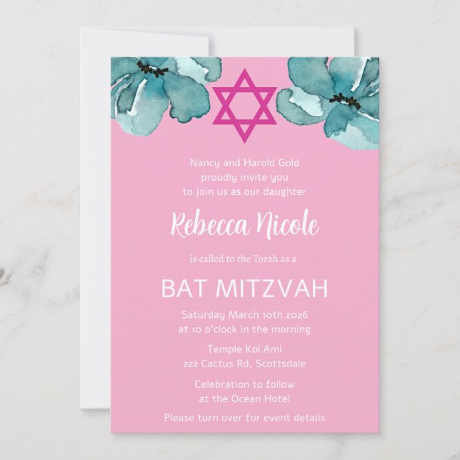 Invitación Código QR Rosa Acuarela Floral Bat Mitzvah (Anverso)