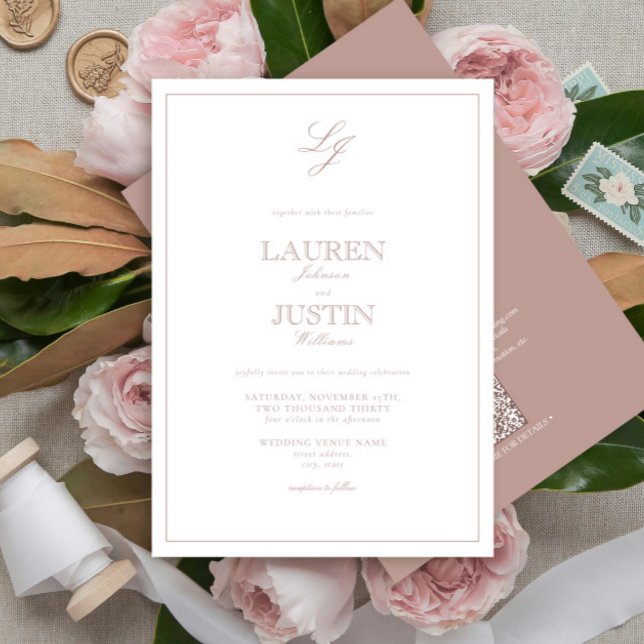 Invitación Código QR Rosa clásico guión  Boda de monograma (Subido por el creador)