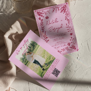 Invitación Código QR Rosa Frambuesa Dibujado Floral Foto Boda