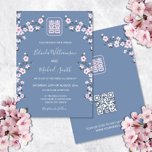Invitación Código QR Rosa Polvoriento Flor Azul Boda China