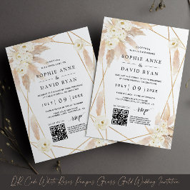 Invitación Código QR Roses Blancas Pampas Grass Gold Boda