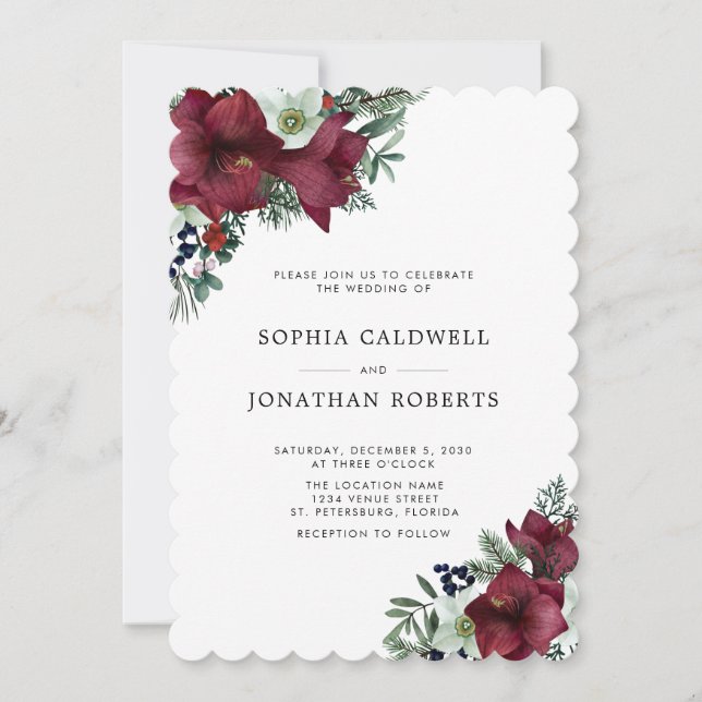 Invitación Código QR RSVP Burgundy Floral Boda de Invierno (Anverso)