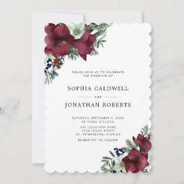 Invitación Código QR RSVP Burgundy Floral Boda de Invierno