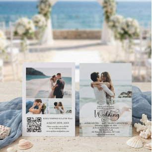 Invitación Código QR RSVP de 4 fotos de boda con guion modern