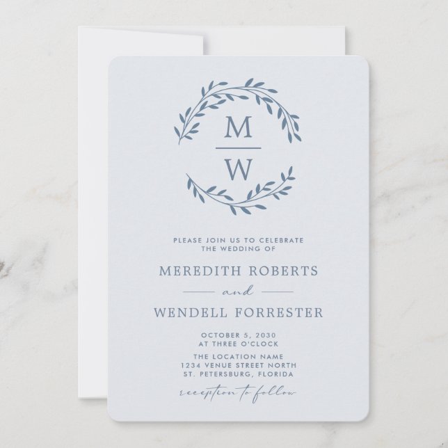 Invitación Código QR RSVP Duste Blue Monogram Wreath Boda en (Anverso)