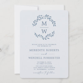 Invitación Código QR RSVP Duste Blue Monogram Wreath Boda en