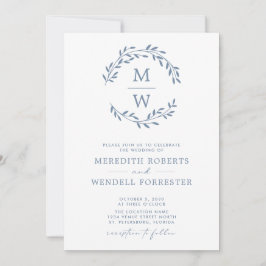 Invitación Código QR RSVP Dusty Blue Monogram Wreath Boda