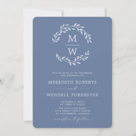 Invitación Código QR RSVP Dusty Blue Monogram Wreath Boda