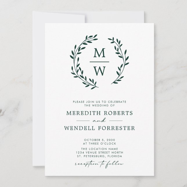 Invitación Código QR RSVP Monograma verde esmeralda Boda de g (Anverso)