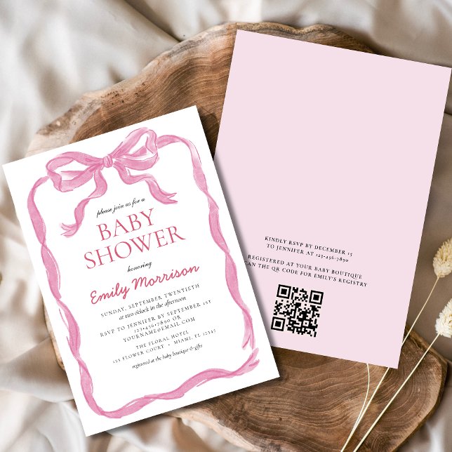 Invitación Código QR Rubor Cinta rosa Bow Chica Baby Shower (Subido por el creador)