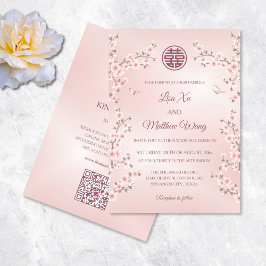 Invitación Código QR Rubor Flor de cerezo rosa Boda chino