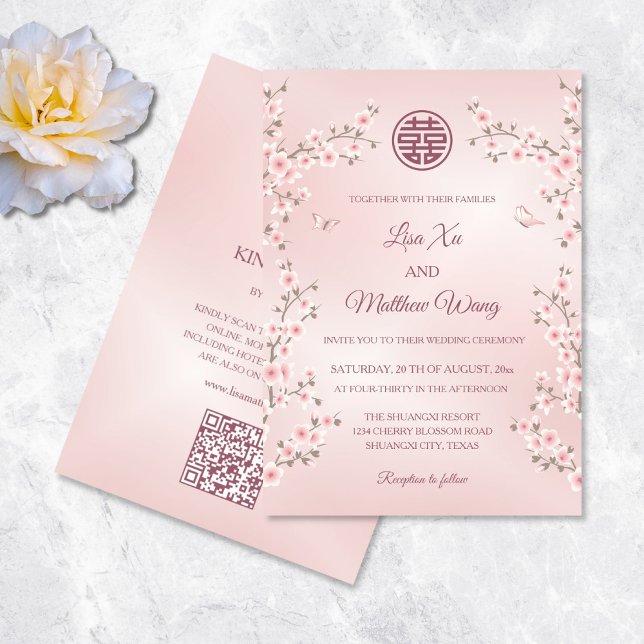 Invitación Código QR Rubor Flor de cerezo rosa Boda chino (Subido por el creador)