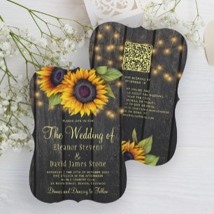 Invitación Código QR rústico boda de madera de girasol de cam