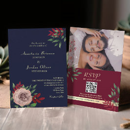Invitación Código QR Rústico Bodas Azul Marino Borgoña