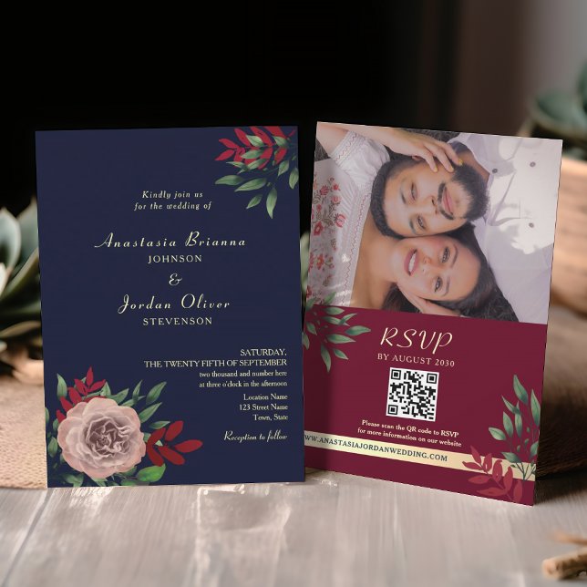 Invitación Código QR Rústico Bodas Azul Marino Borgoña (Subido por el creador)