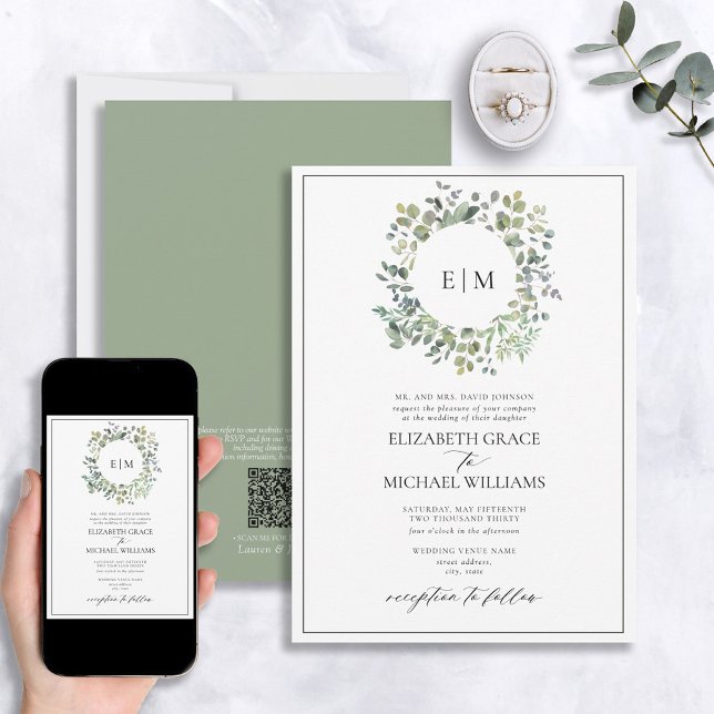 Invitación Código QR Sage formal Eucalipto Verde Monograma (Subido por el creador)