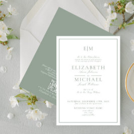 Invitación Código QR Sage Green Classic Script Monograma Boda