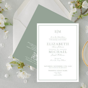 Invitación Código QR Sage Green Classic Script Monograma Boda