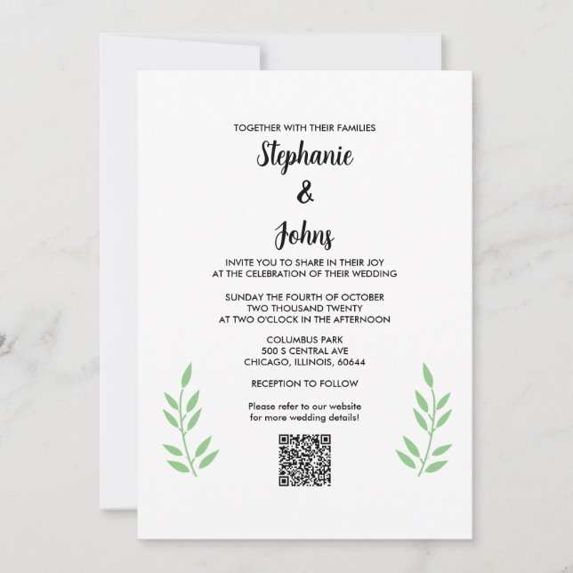 Invitación Código QR Sage Green deja Boda de guión negro (Anverso)