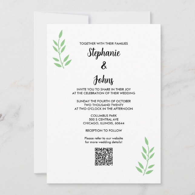 Invitación Código QR Sage Green Leaf Black Script Boda (Anverso)