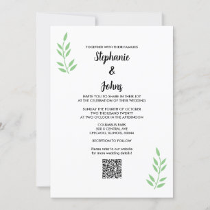 Invitación Código QR Sage Green Leaf Black Script Boda