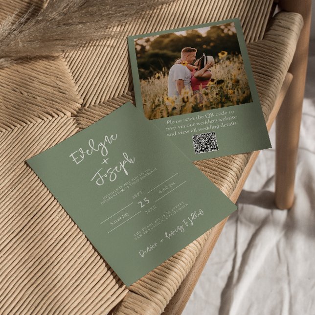 Invitación Código QR Sage Green Photo Boho Boda moderno (Subido por el creador)