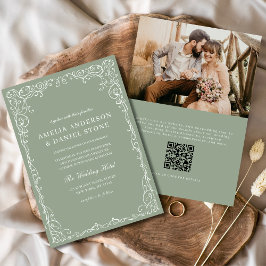 Invitación Código QR Sage Green Photo Minimalista Boda
