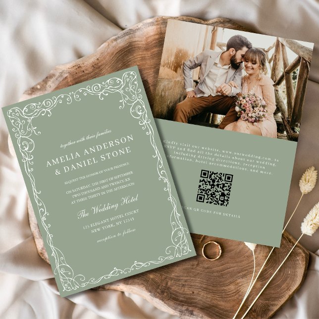 Invitación Código QR Sage Green Photo Minimalista Boda (Subido por el creador)