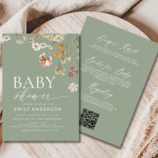 Invitación Código QR Sage Green Wilflower Baby Shower (Subido por el creador)