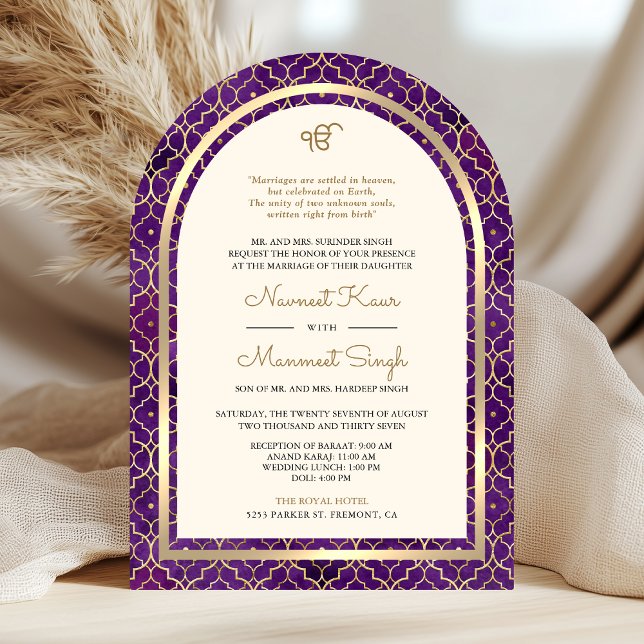 Invitación Código QR Sikh Arco Bodas Marruecos Oro Púrpura (Subido por el creador)