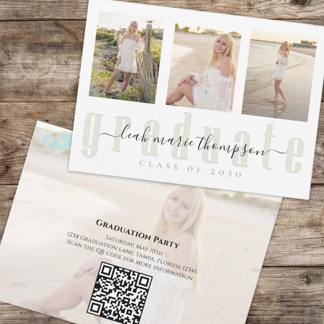 Invitación Código QR simple de caligrafía de graduado de oro (Graduation multi-photo invitation template with a scannable QR Code. )